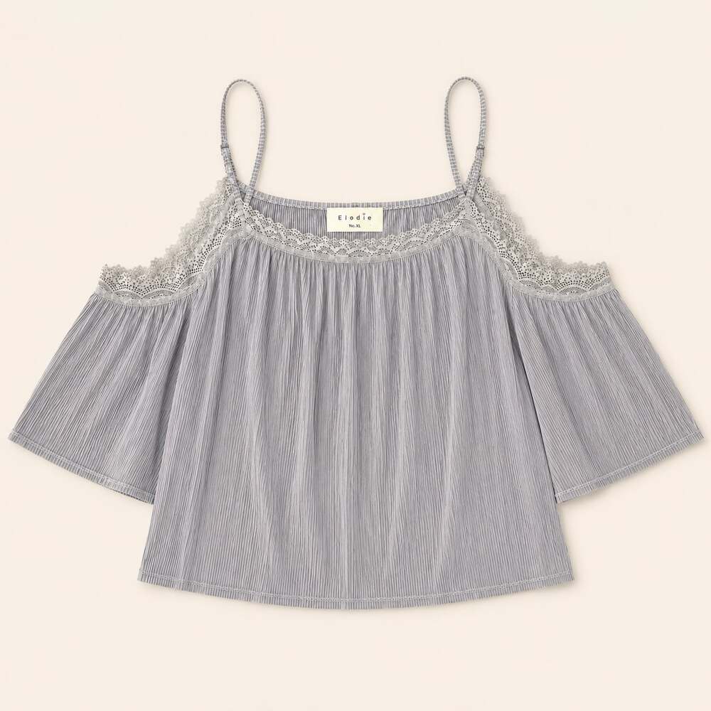 Elodie Pleated Cold Shoulder Lace Top Gray Boho Y2K XL NWT